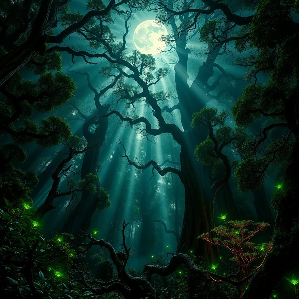 Ancient Mystical Forest Bathed in Moonlight