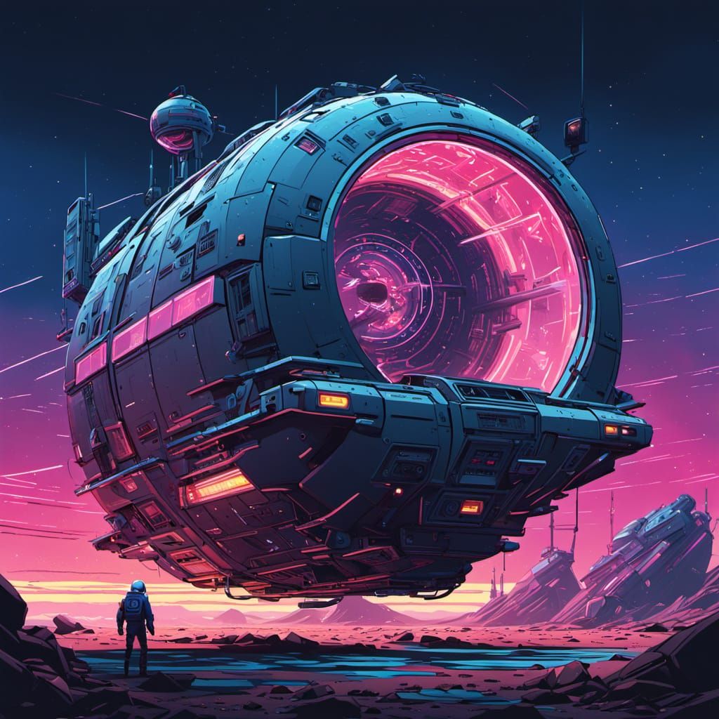 Cartoon Spacecraft Stumbles Through Portal in Retro-Futurism