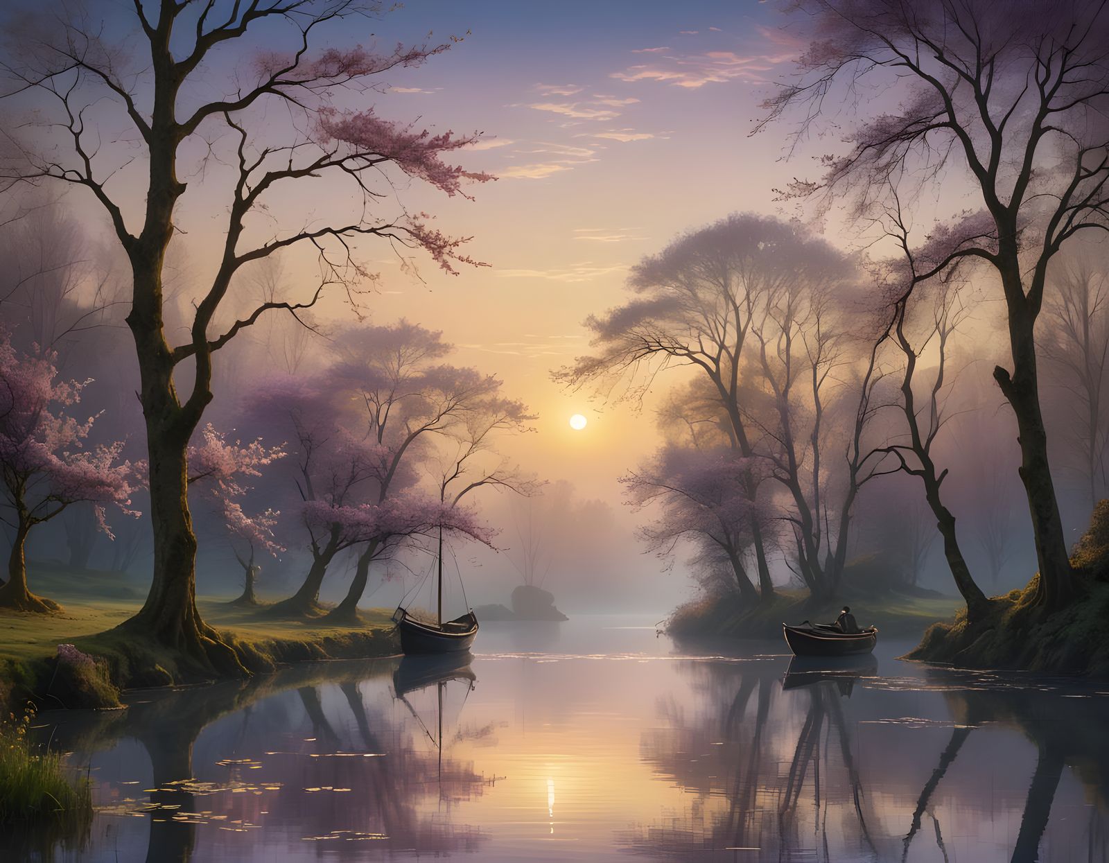 Ethereal Misty Landscape with Boat in Romantic Style