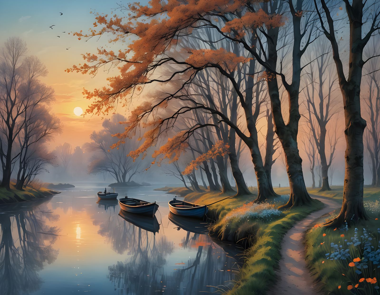 Ethereal Fishing Boat on Misty Spring Waterway