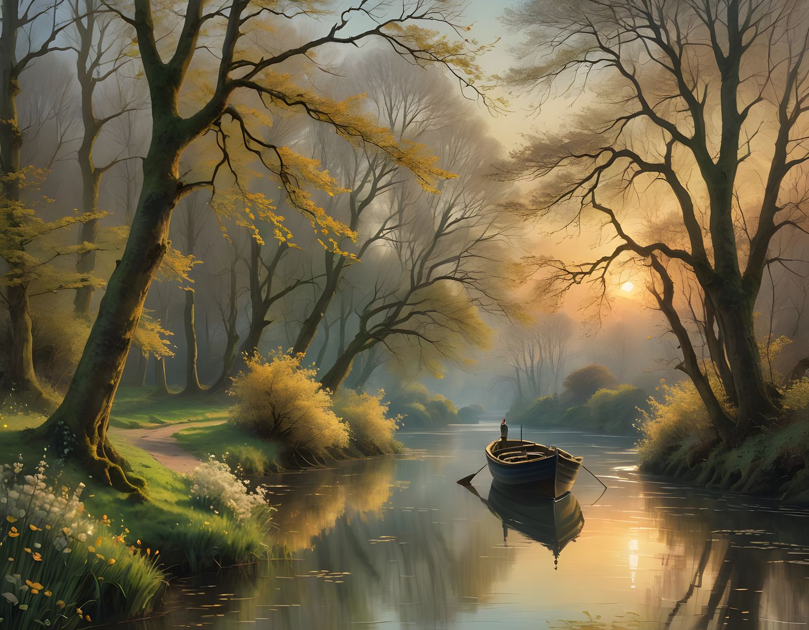 Ethereal Waterscape with Gliding Boat in Romantic Style