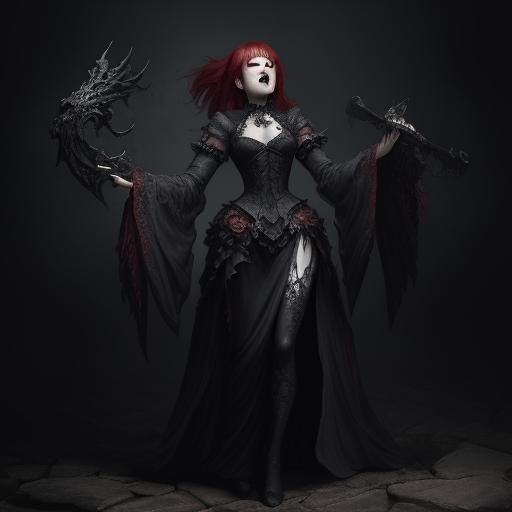 Japanese Woman in Gothic Bedroom: Realistic Oil Painting