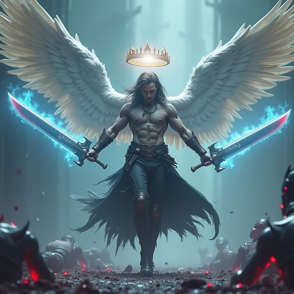 Fallen Angel with Glowing Swords in Dark Fantasy Art