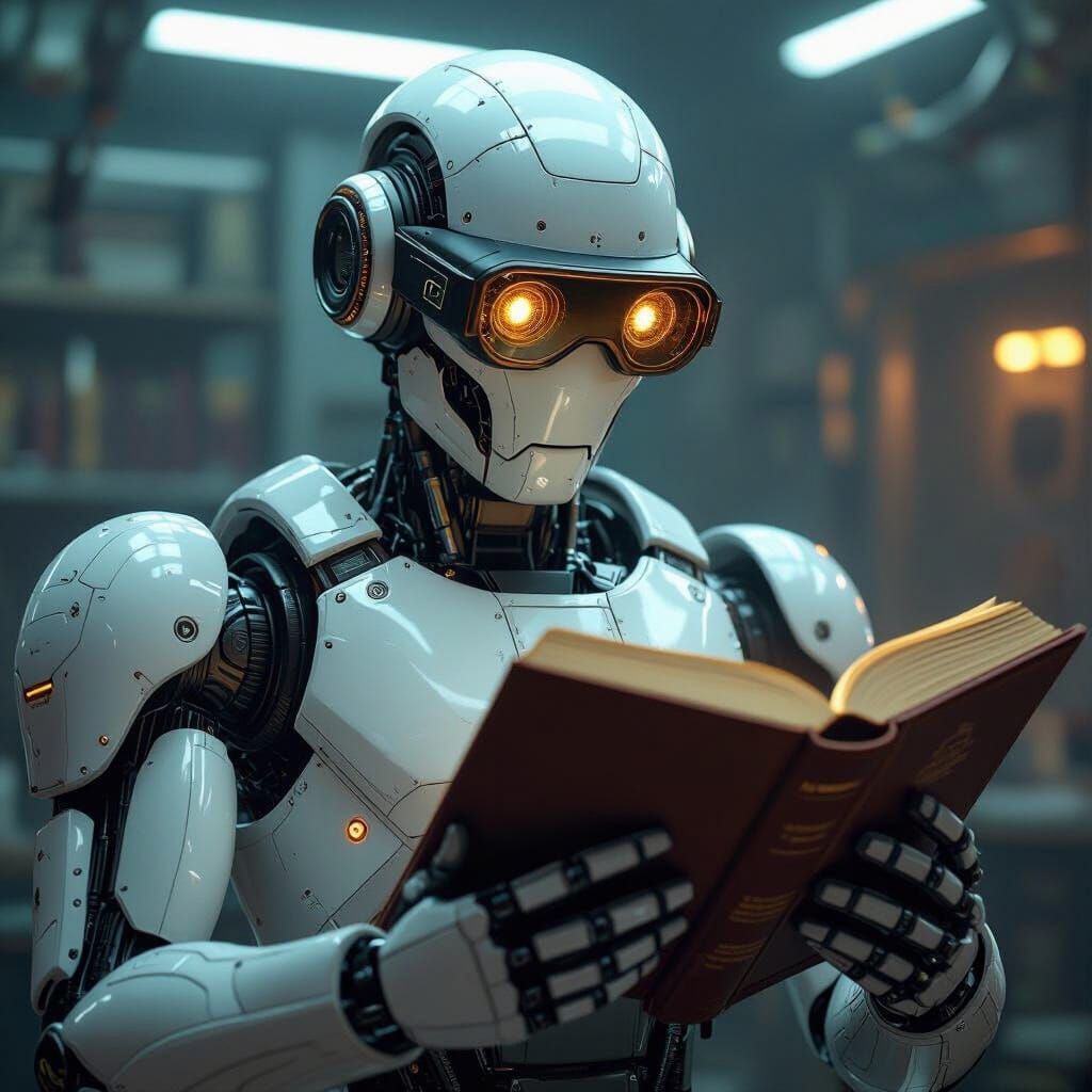 Futuristic Robot Reading a Book in Dim Lab