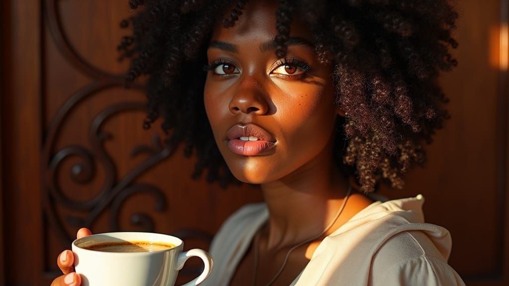 Freckled Woman with Coffee: Cinematic Portrait in Art Nouvea...