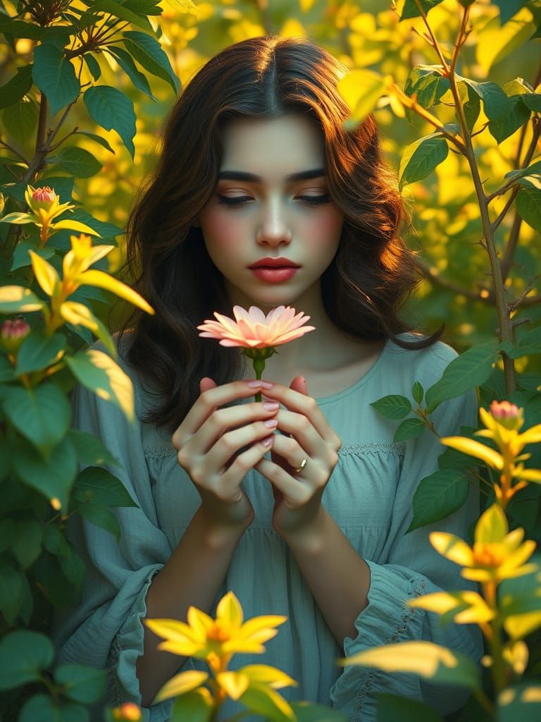 Ethereal Woman with Flower in Art Nouveau Style