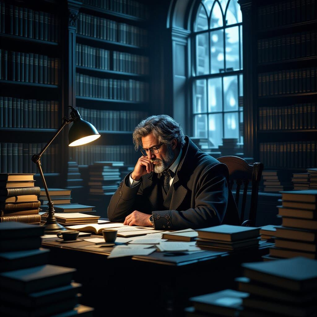 Pensive Scholar in Dim Library: Dark Surrealism
