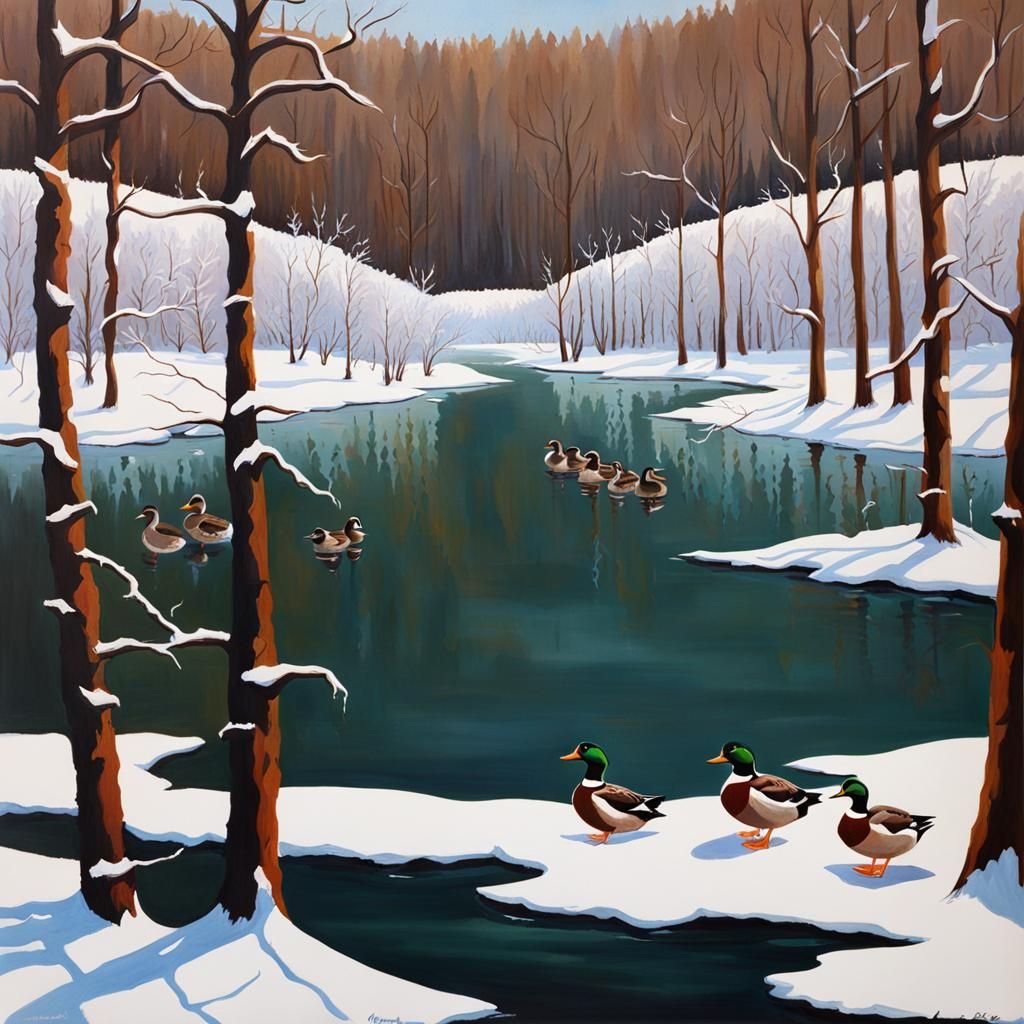 Ducks on a Snowy Lake, Gouache Painting