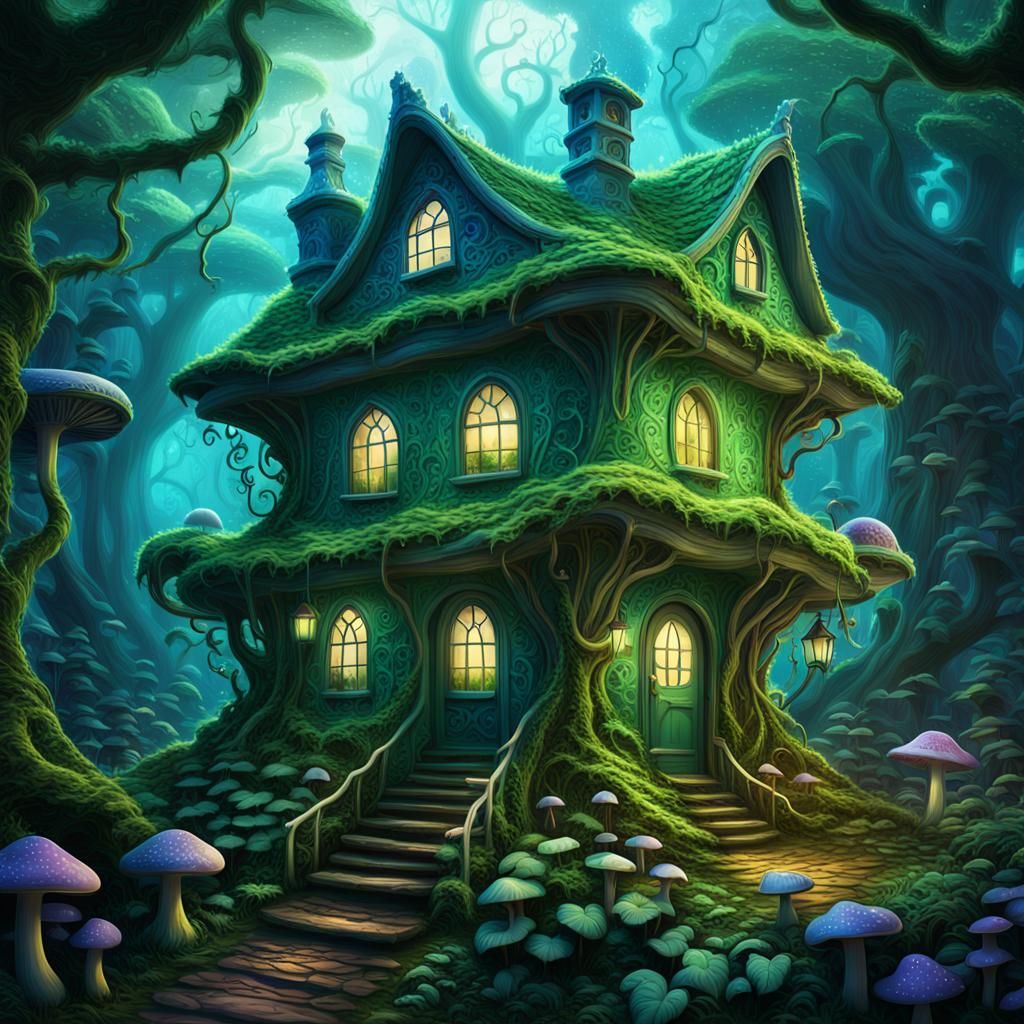 Magical Green House in Mystical Forest: Fantasy Matte Painti...