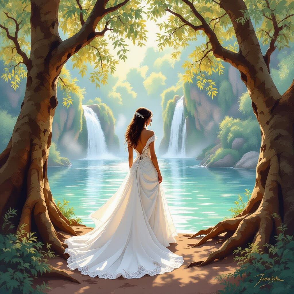Bride at Waterfall in Pastel on Textured Canvas