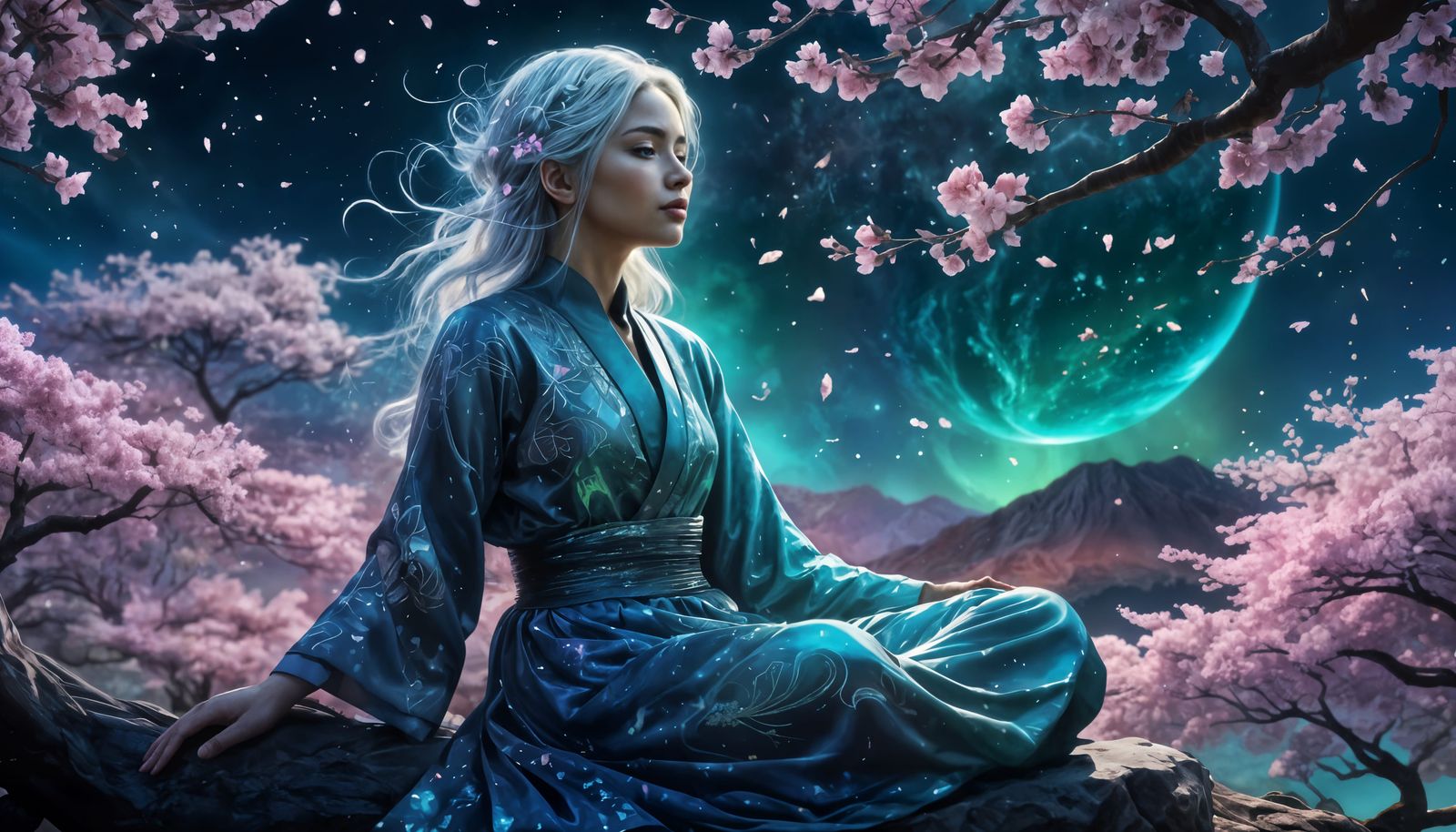 Woman Under Cherry Blossoms: Cosmic Illustration