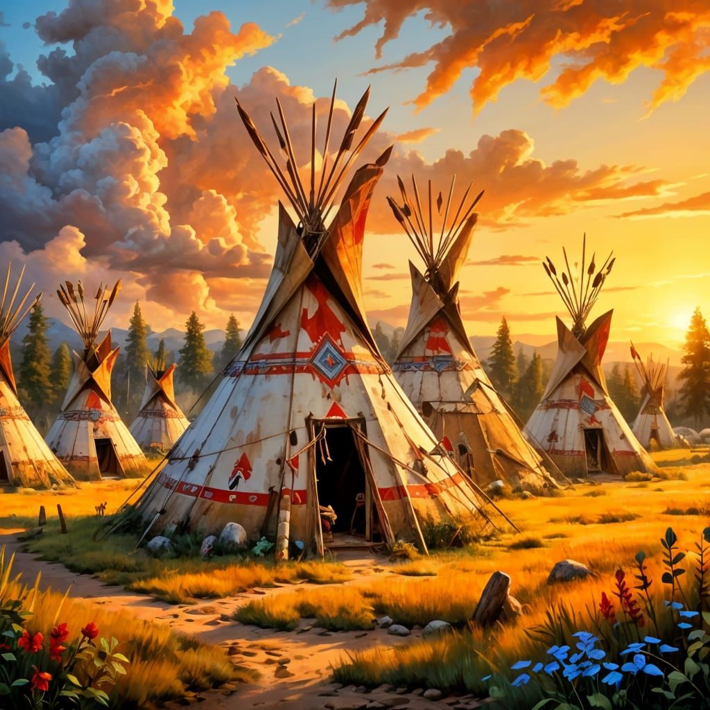 Mohawk Village: Grungy Oil Painting of Native American Life