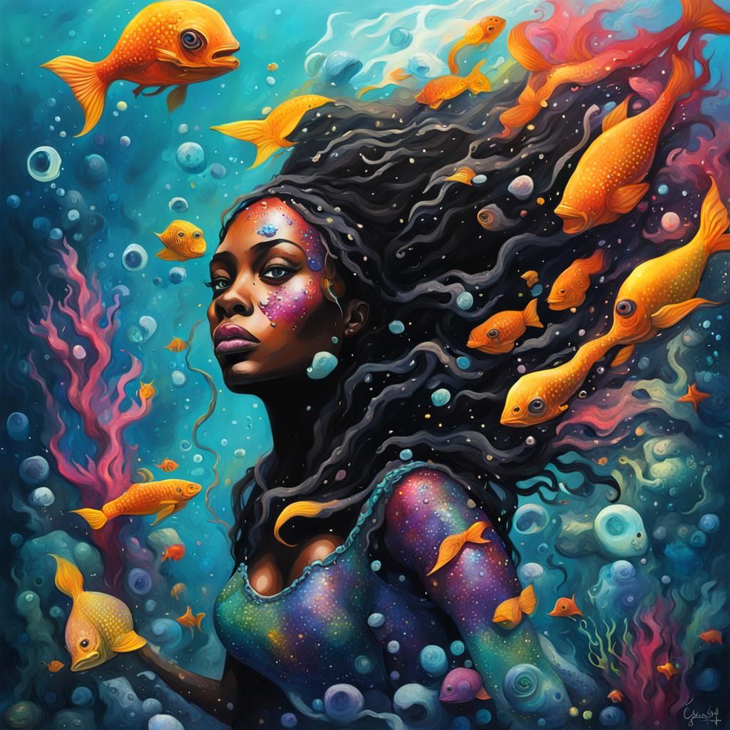 Black Mermaid Underwater Graffiti Art Painting