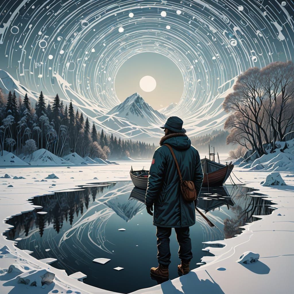Serenity on Frozen Lake in Futuristic Artistic Style