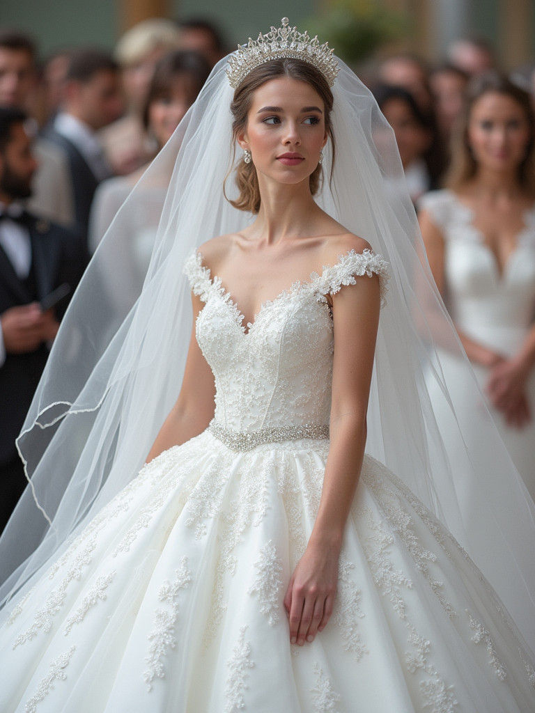 Bride in White Satin Tulle Wedding Dress