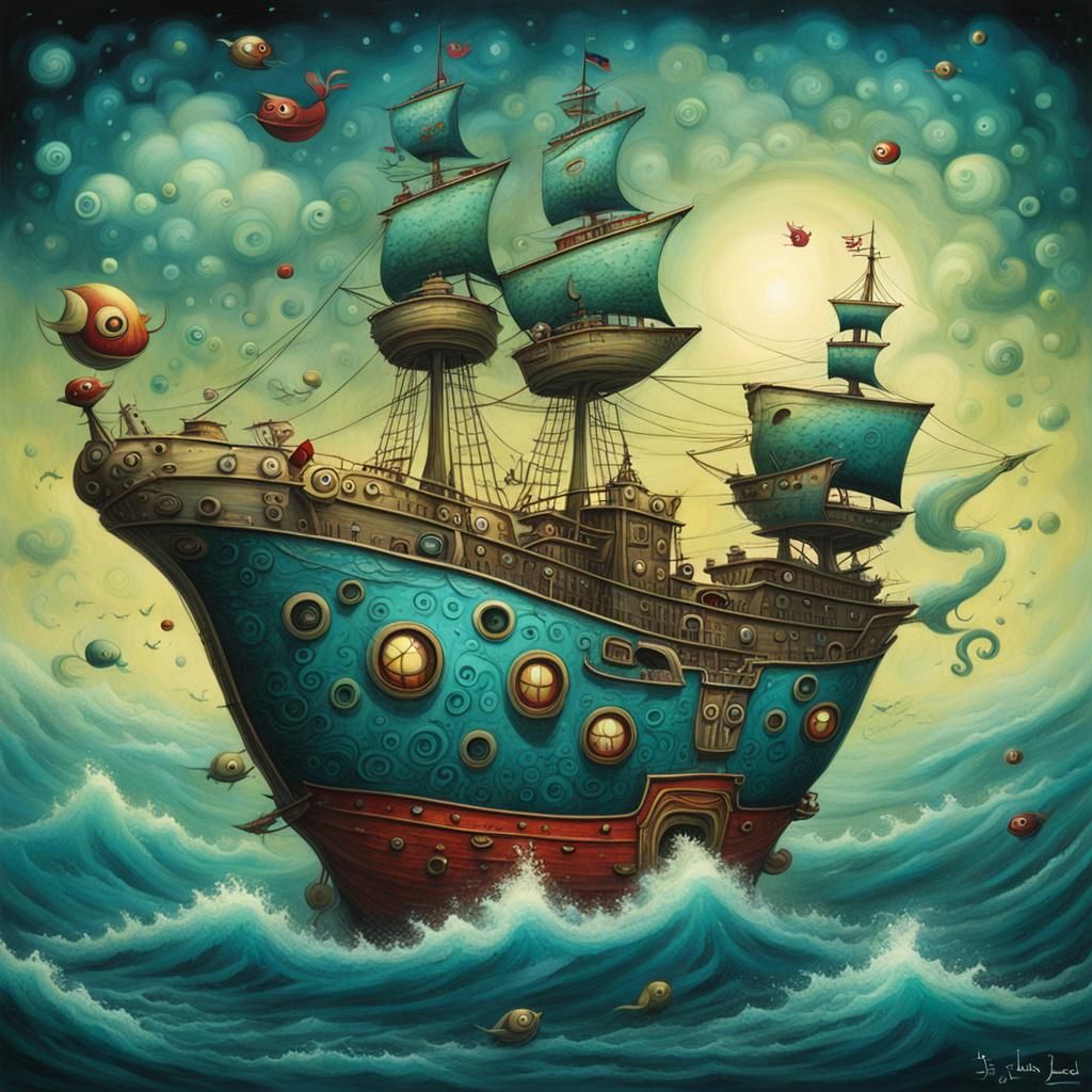 Whimsical Ship at Sea, Illustrative Art
