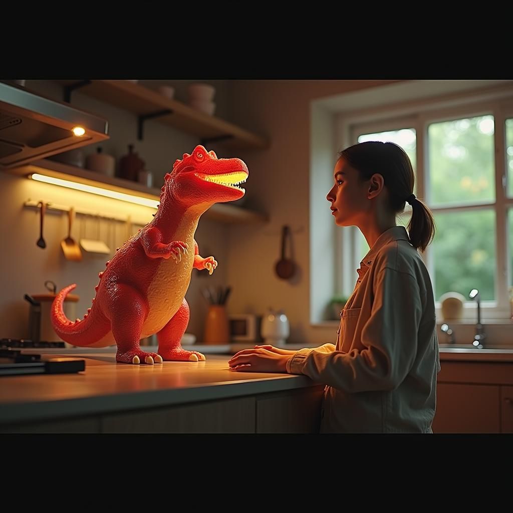 Gelatinous Stegosaurus Sculpture in Hyperrealistic Kitchen