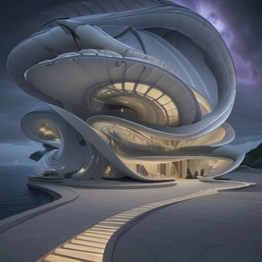 A beautiful home shaped like a Nautilus Shell shaped home, futuristic home shape like nautilus, beautiful colors, intic...