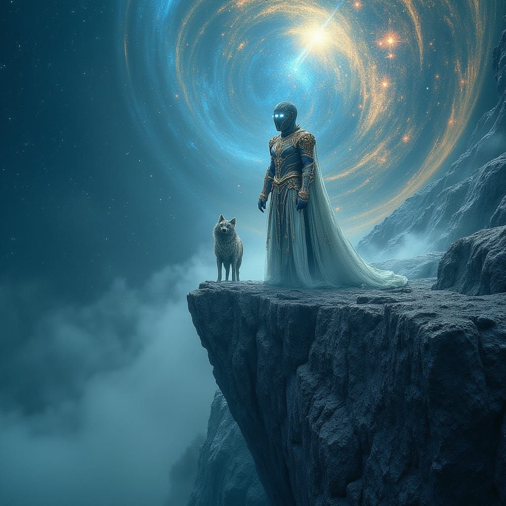 Knight Overlooking Nebula in Celestial Armor