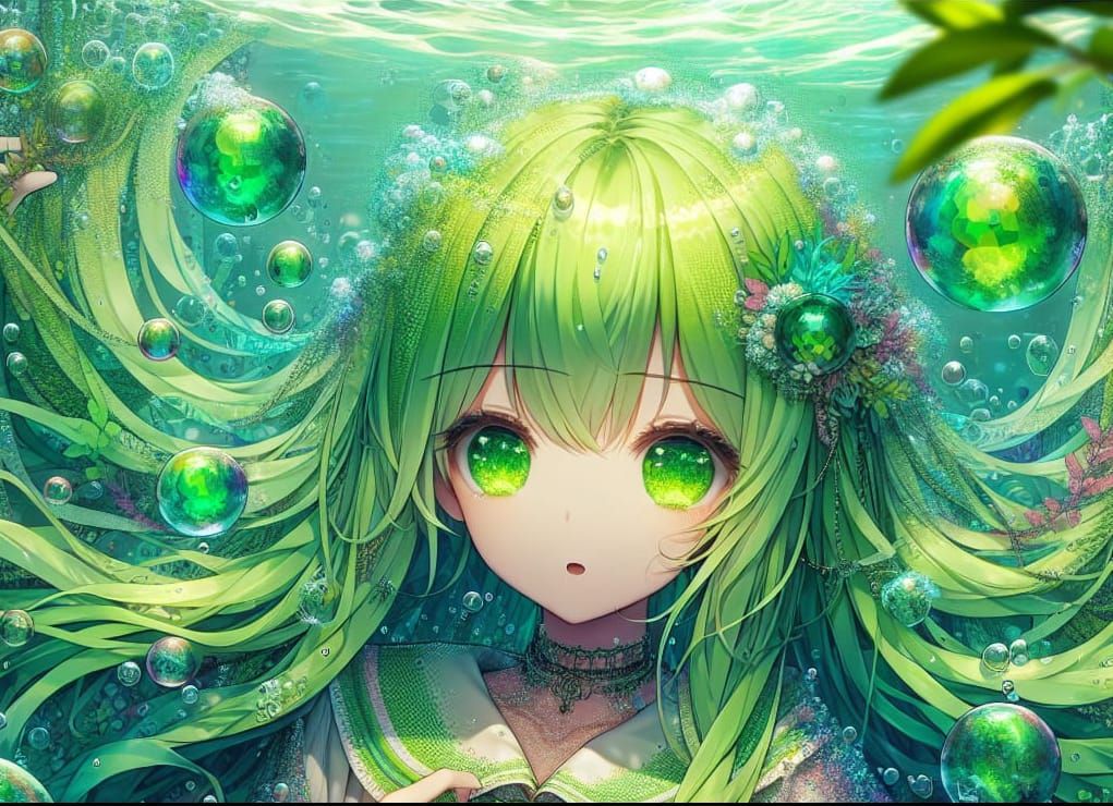 Anime Girl Submerged Underwater with Bubbles