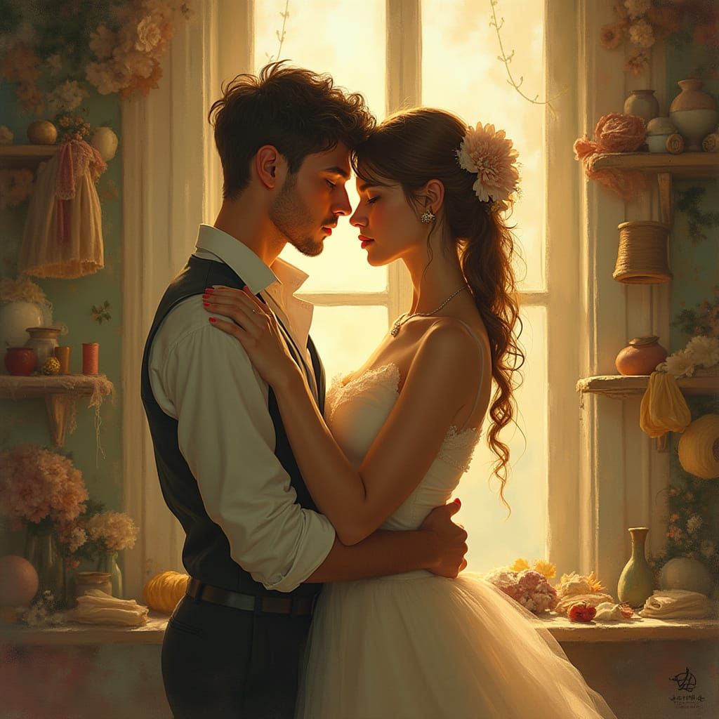Couple Surrounded by Threads in Dreamy Golden Light