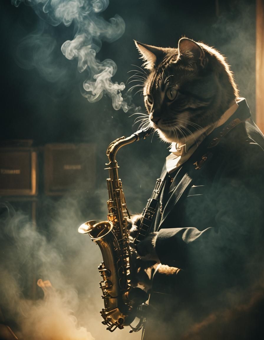 Cat Saxophonist in Smoky Jazz Club, Film Noir