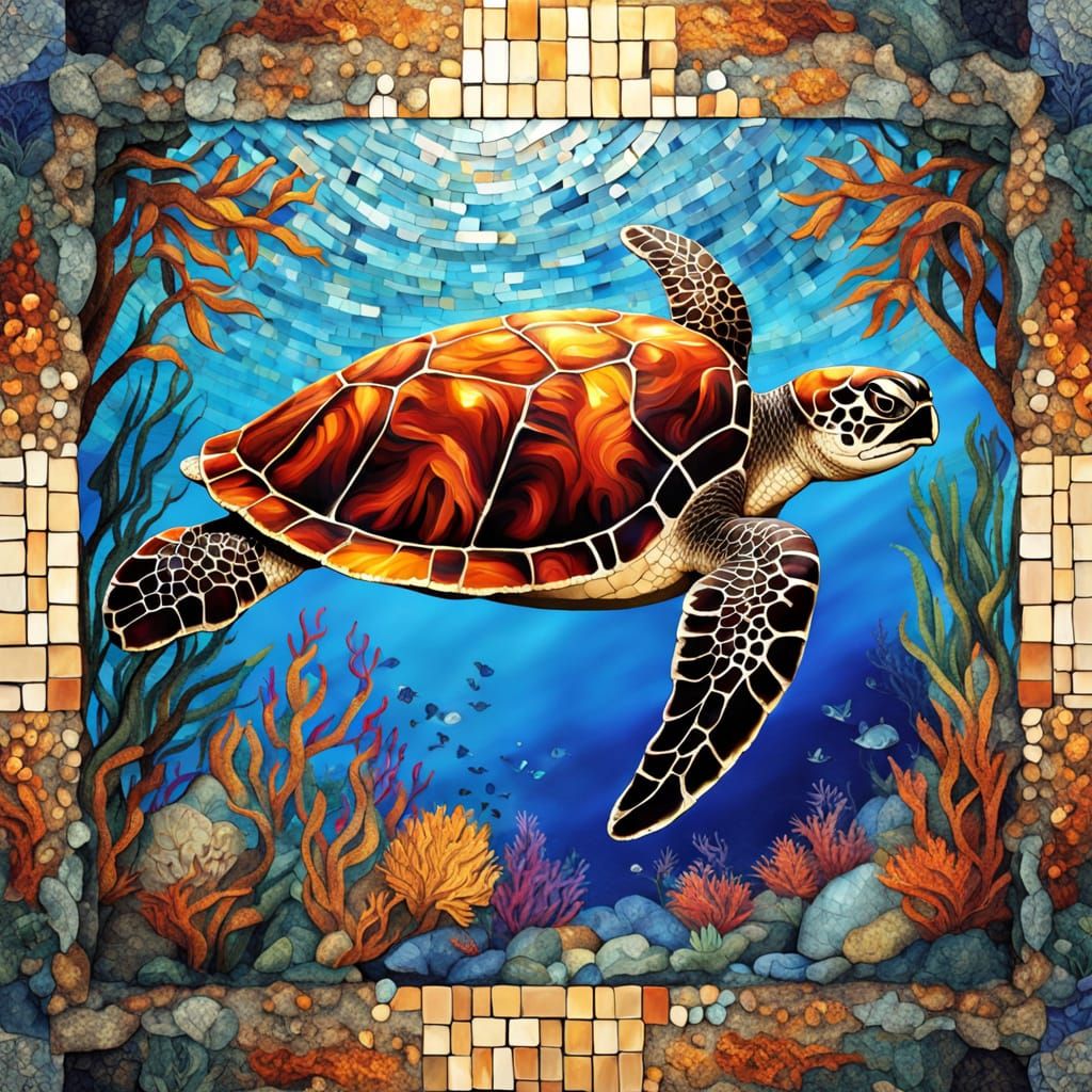 Stunning Mosaic Sea Turtle in a Vibrant Underwater Scene