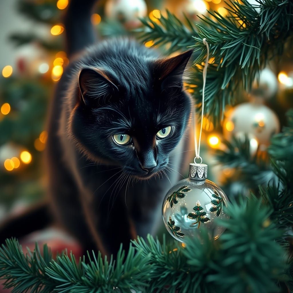 Majestic Black Cat Pounces on Christmas Ornament in Golden L...