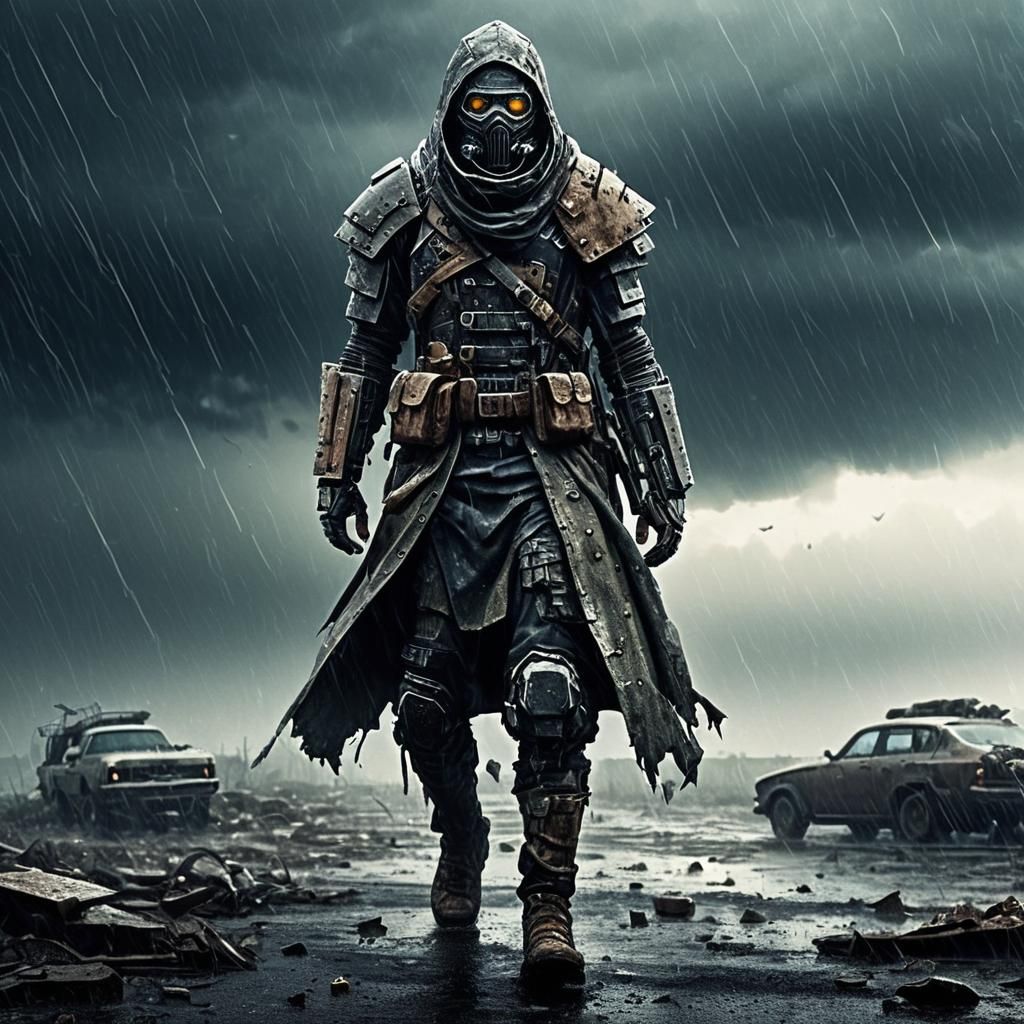 A character braving a post-apocalyptic storm, their makeshif...