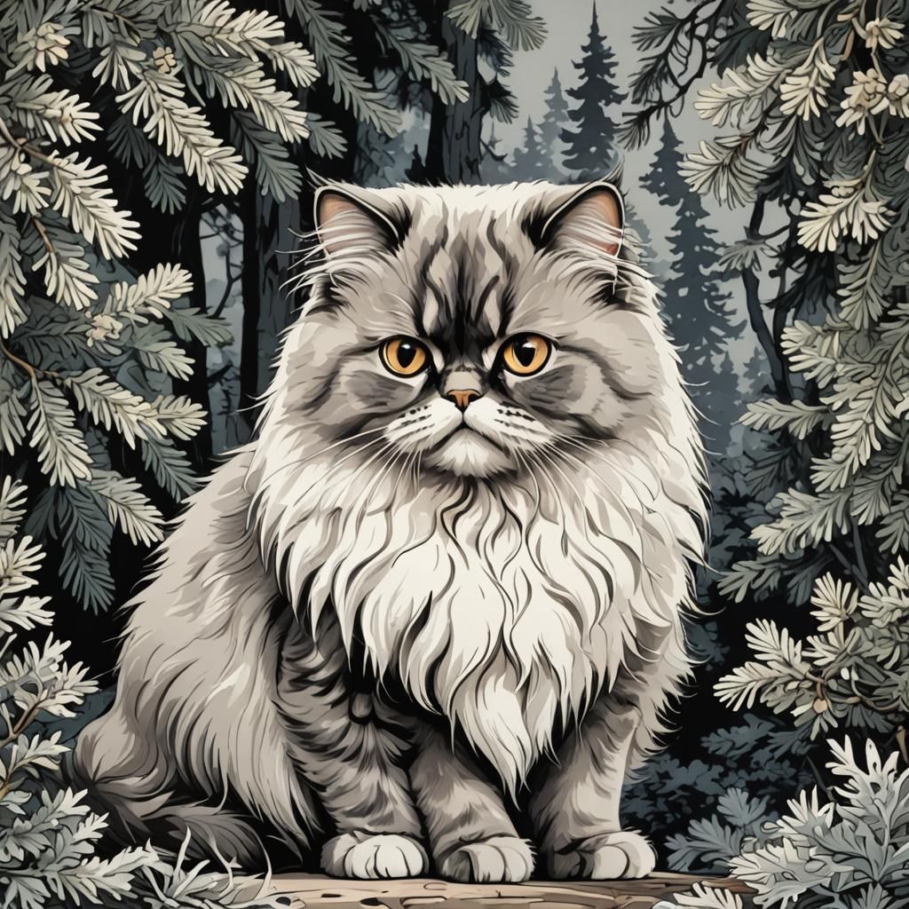 Detailed Cartoon Persian Cat in Ink