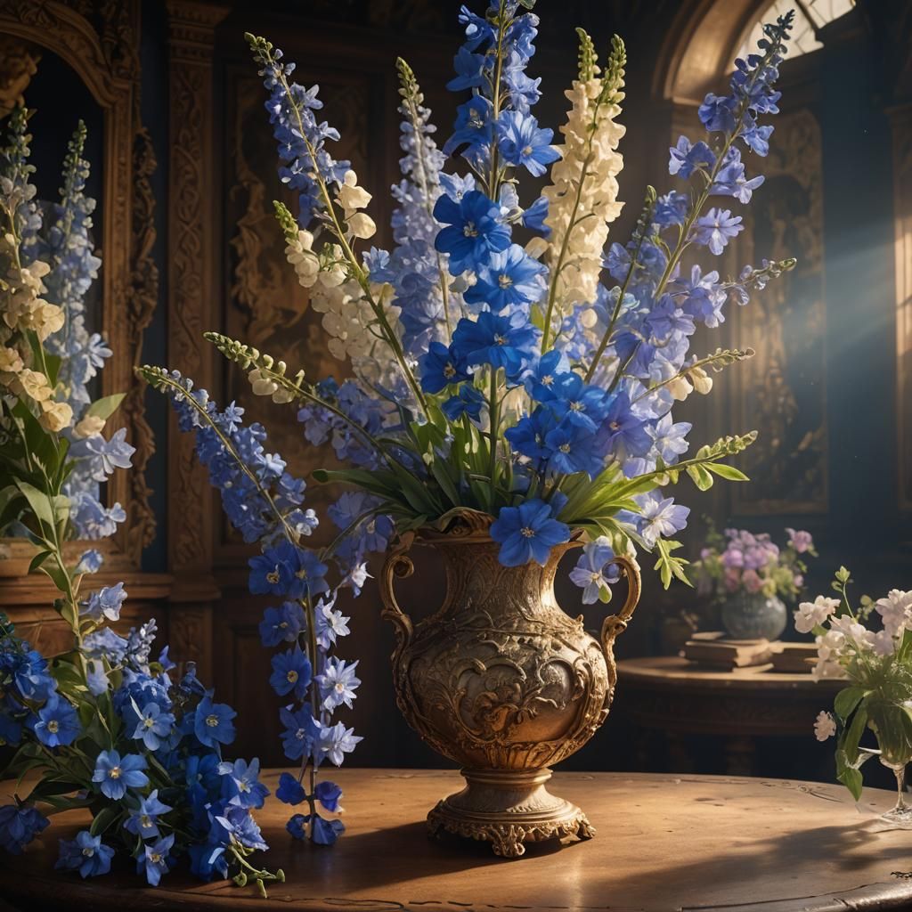 Delicate Delphiniums in an Old Masters Style