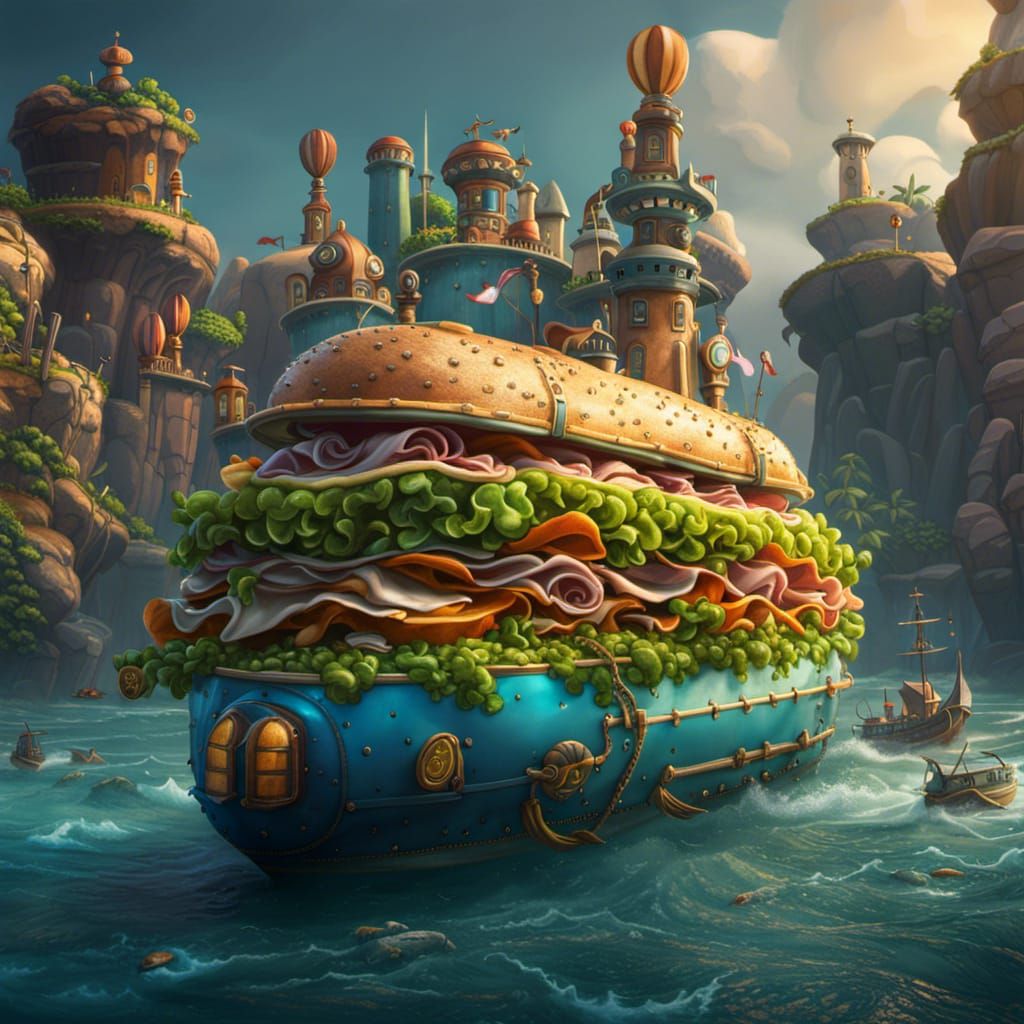 Cartoon Submarine Sandwich: Detailed Matte Painting