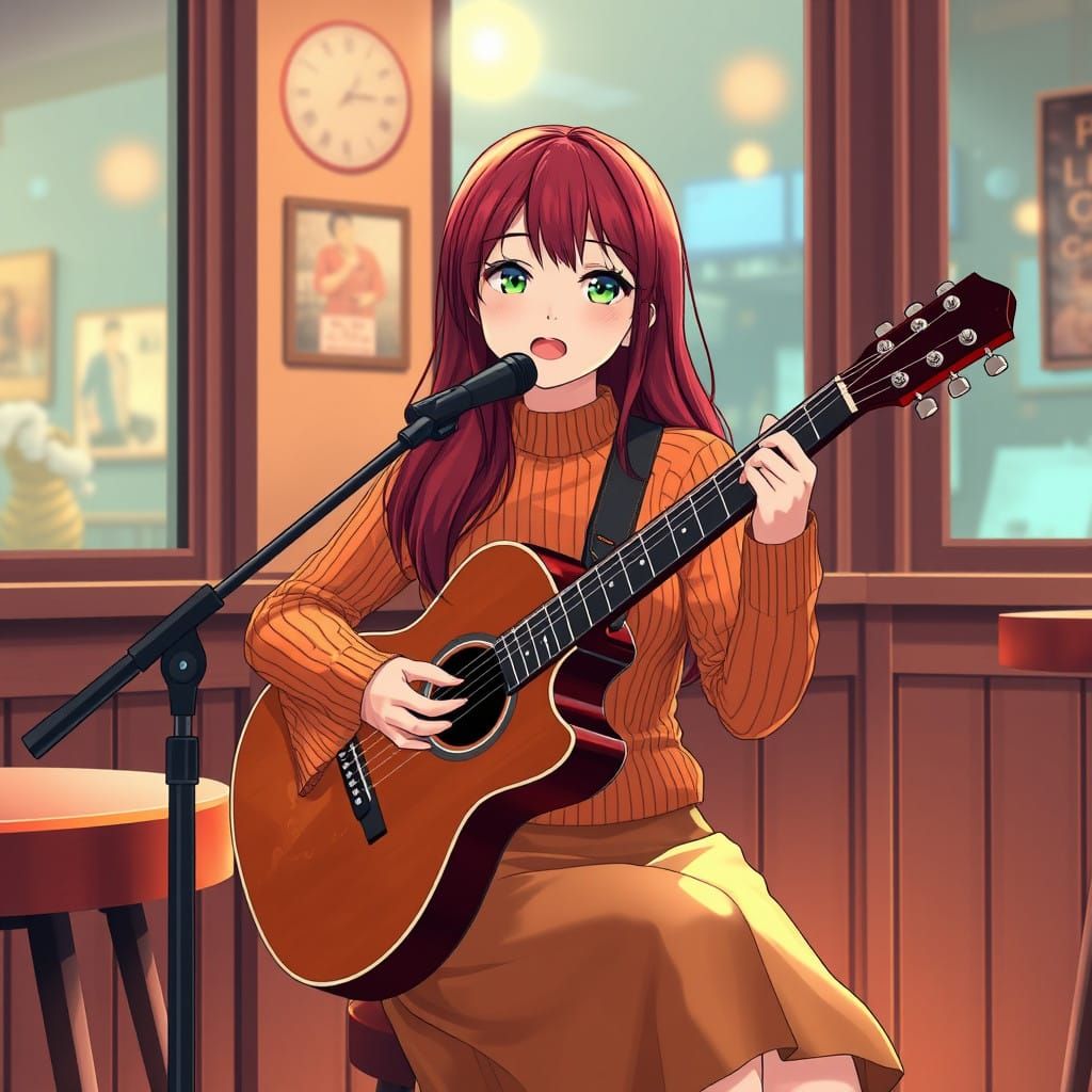 Musical anime Akane performing in the local bar.