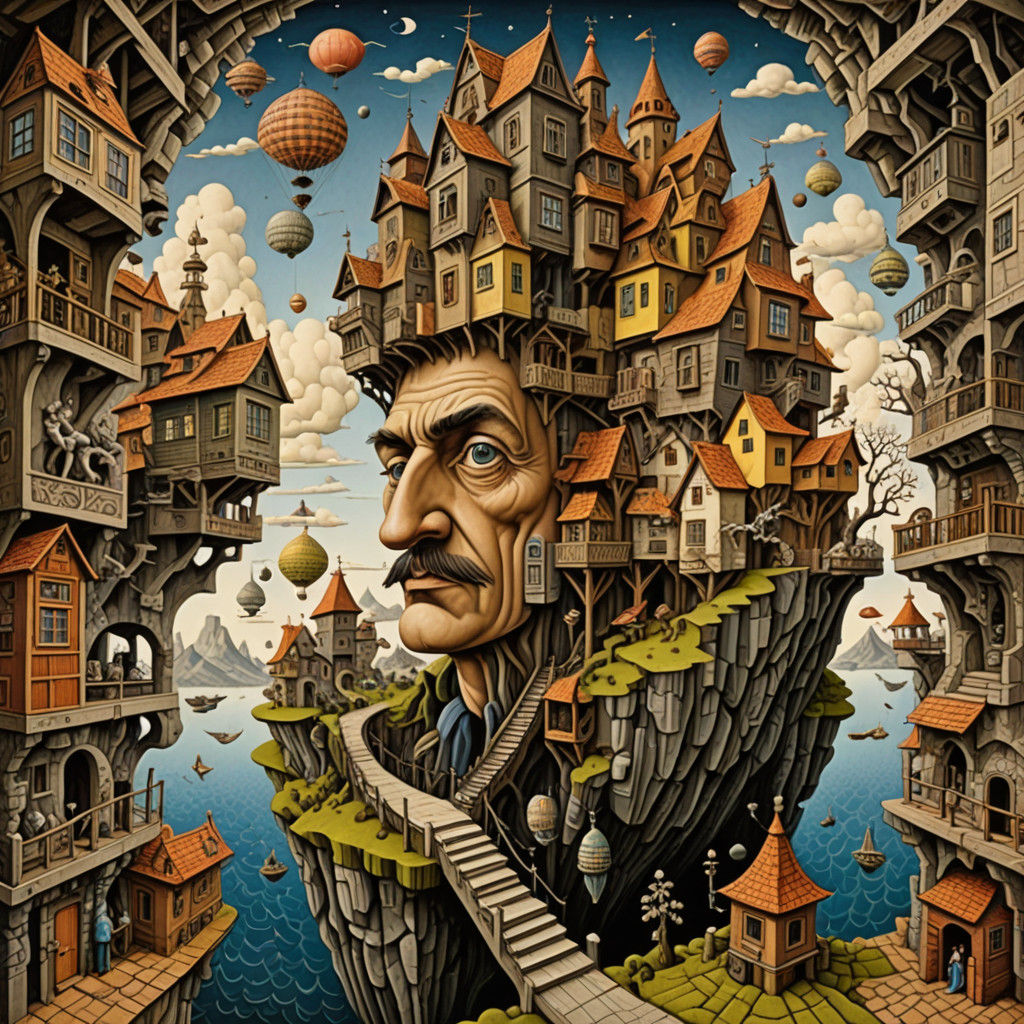 Surrealist Masterpiece in Mixed Media and Woodcut