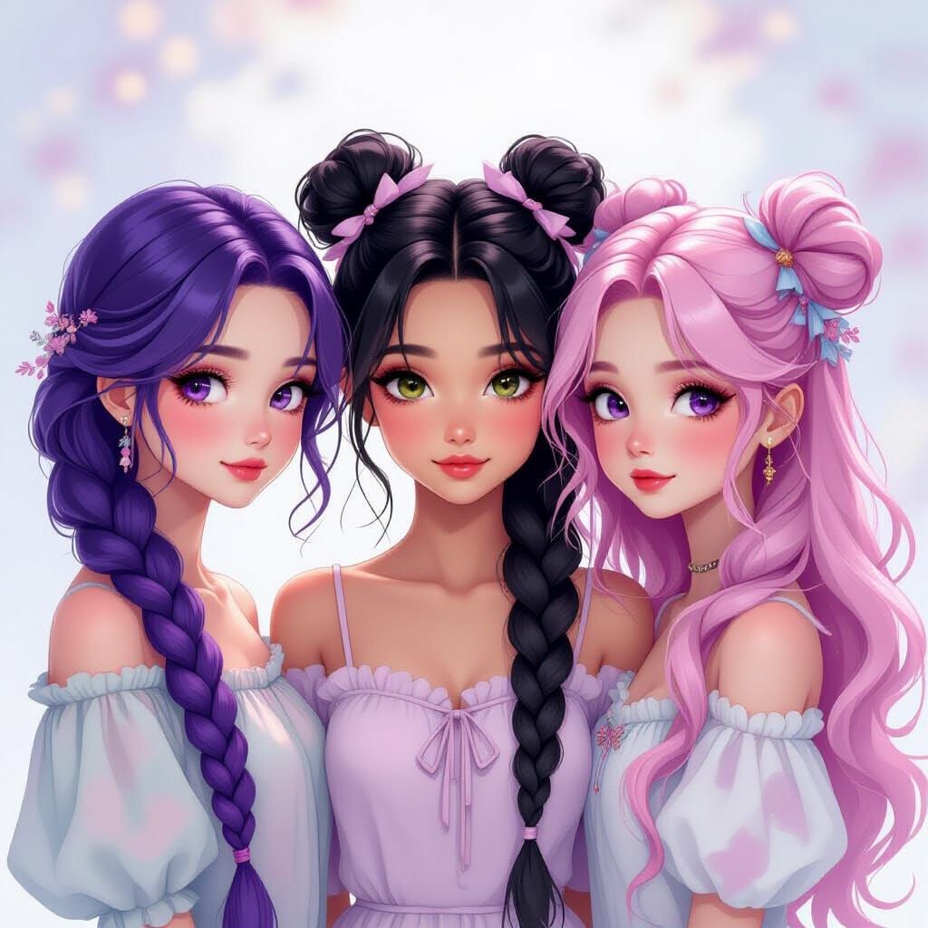 Three Girls with Unique Hairstyles in Dreamy Watercolor Styl...