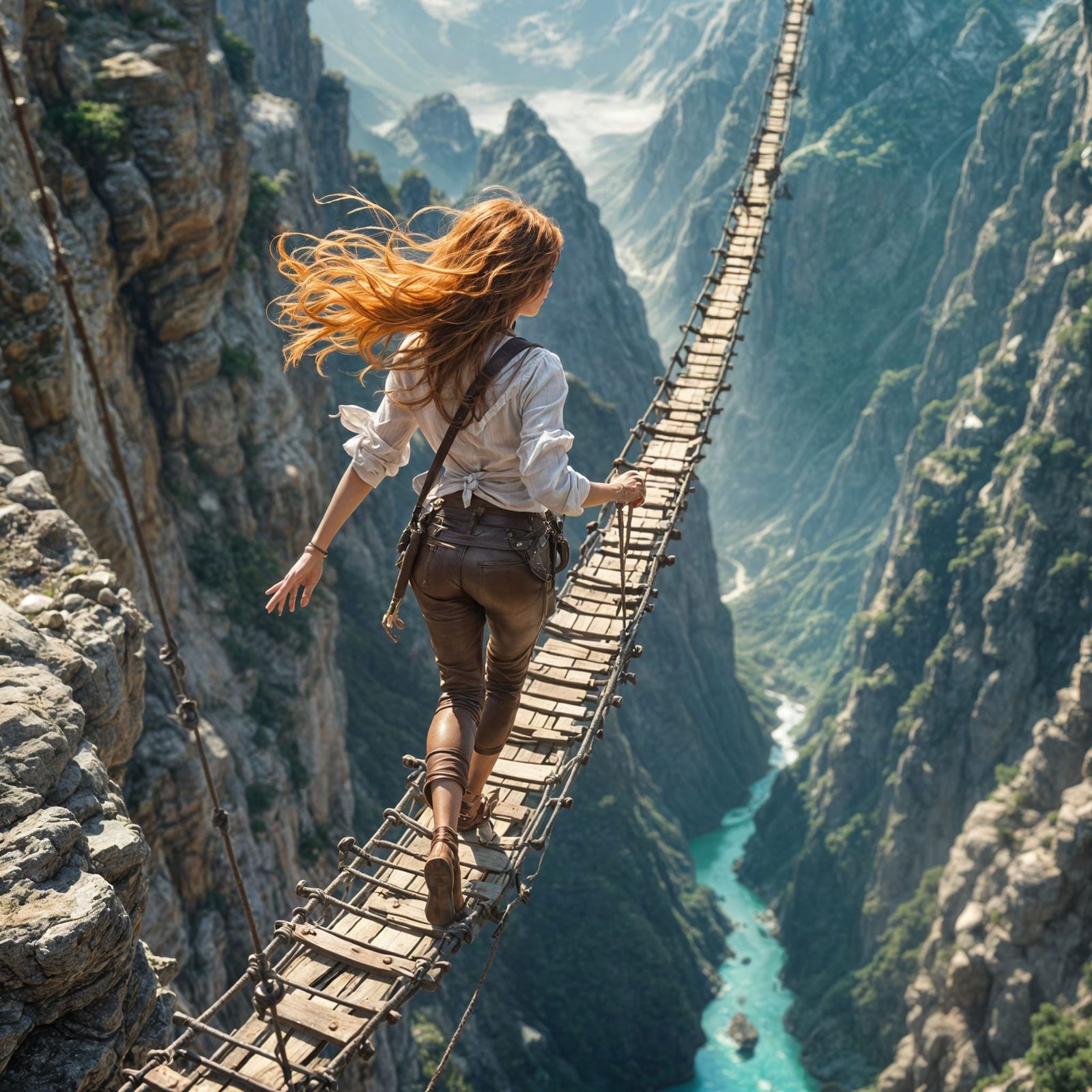 Adventurer on Hanging Bridge in Fantasy Landscape