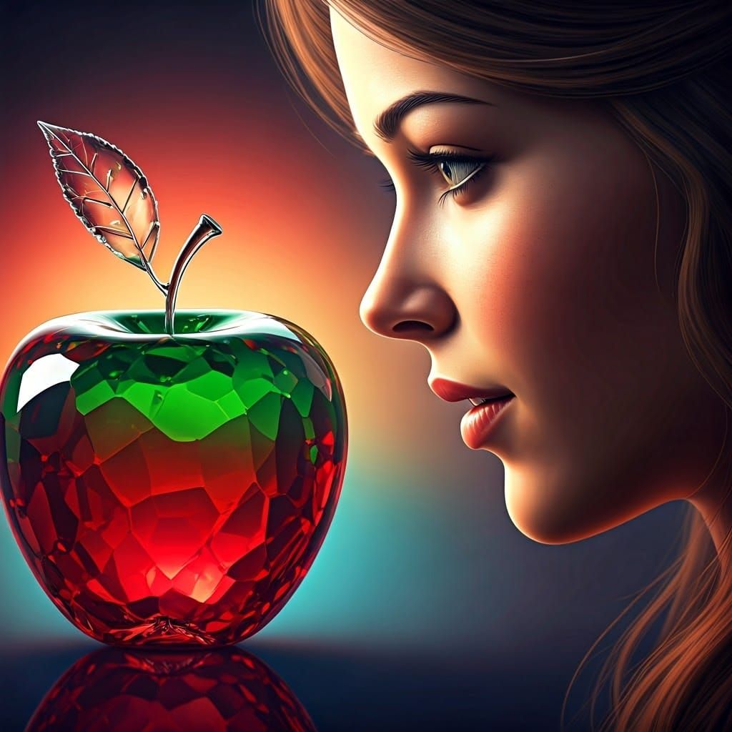 Woman in Awe of Crystal Apple in Vibrant, Soft Focus