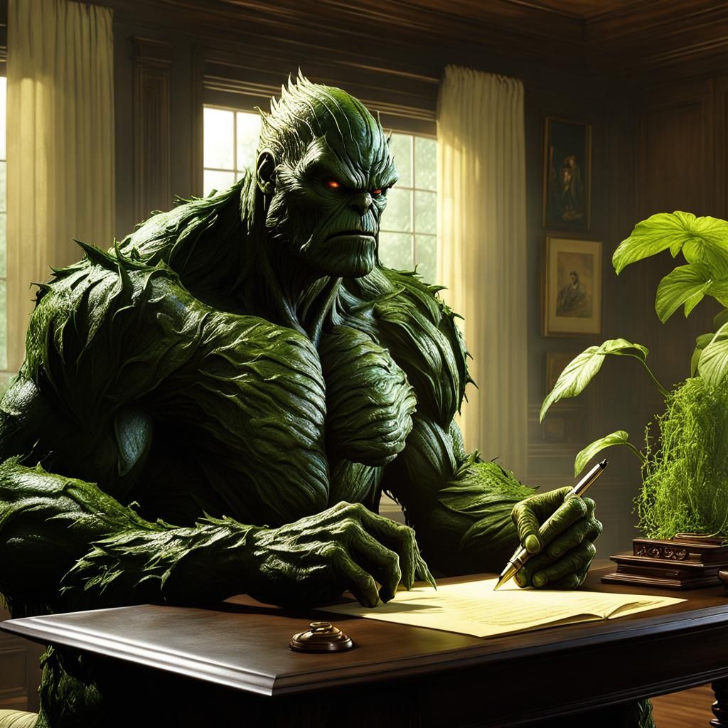 Swamp Thing writing a thank you note to some environmentalists in his living room. (2)