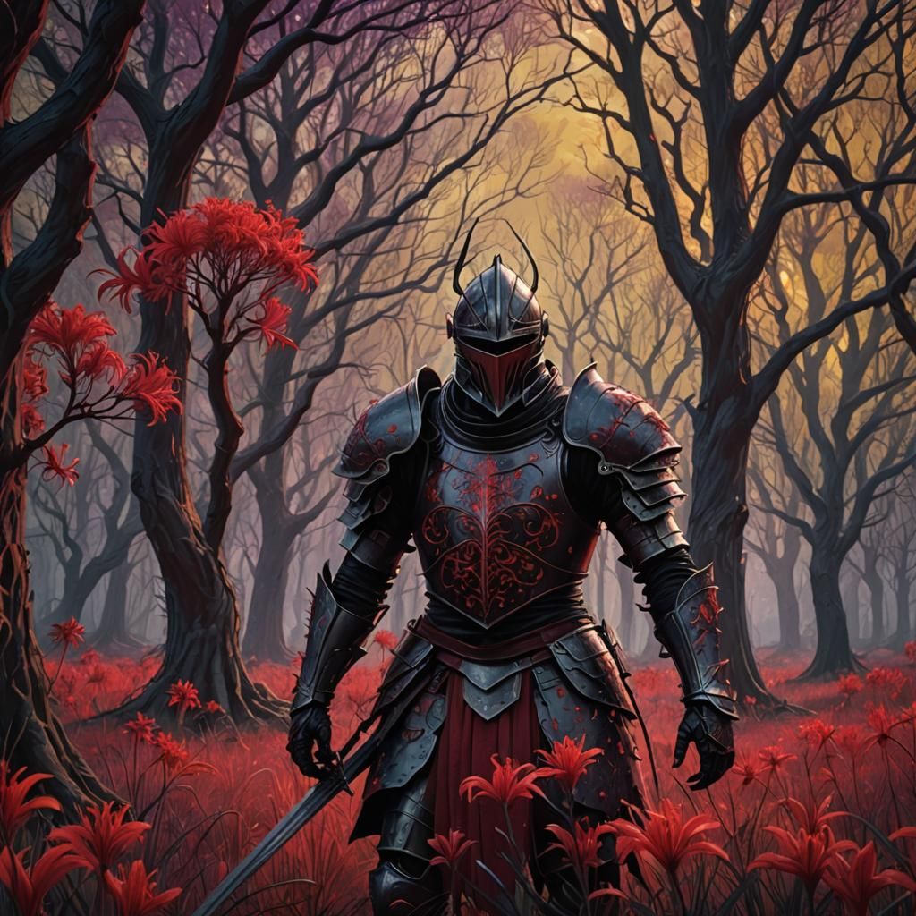 Knight in Lycoris Field: Dark Fantasy Art