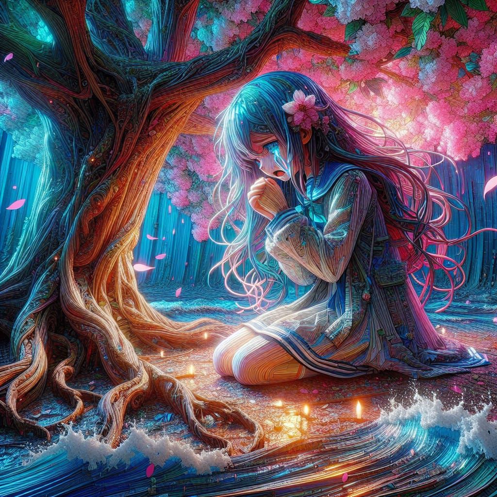 Anime Girl Crying Under Tree: Impressionistic 3D Art