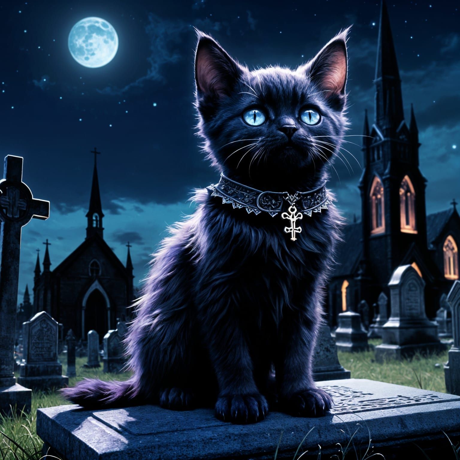 Gothic Kitten in Graveyard: Detailed Matte Painting