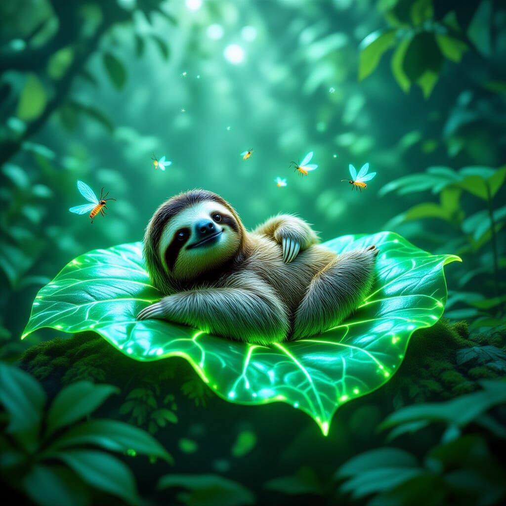 Sloth Emperor on Bioluminescent Leaf in Surreal Jungle