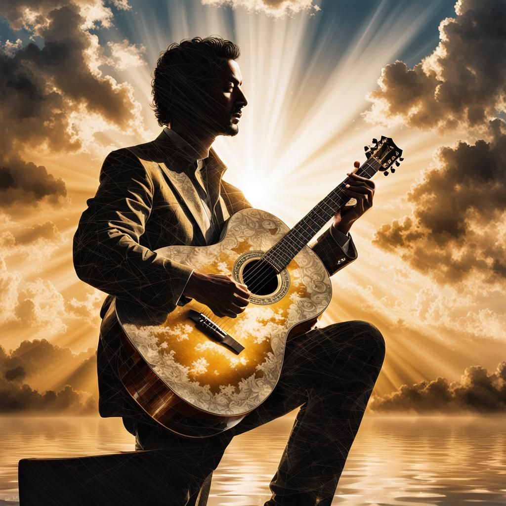 Four Seasons Double Exposure Acoustic Guitar Silhouette