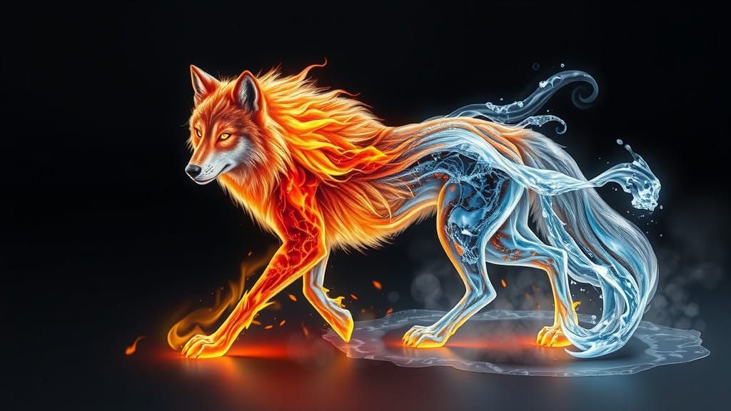 Cyberpunk Elemental Wolf Awakens with Fiery Water Kinetic En...