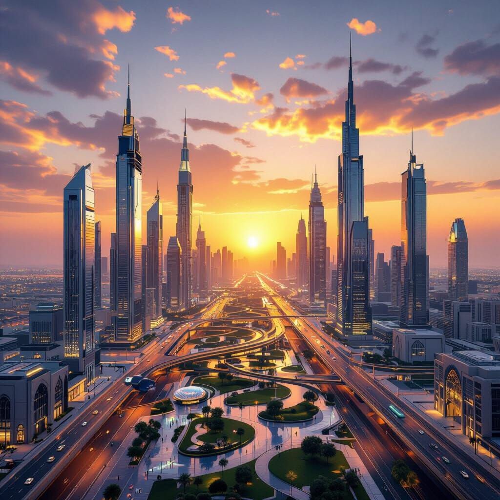 Futuristic Saudi Arabian Cityscape at Golden Hour