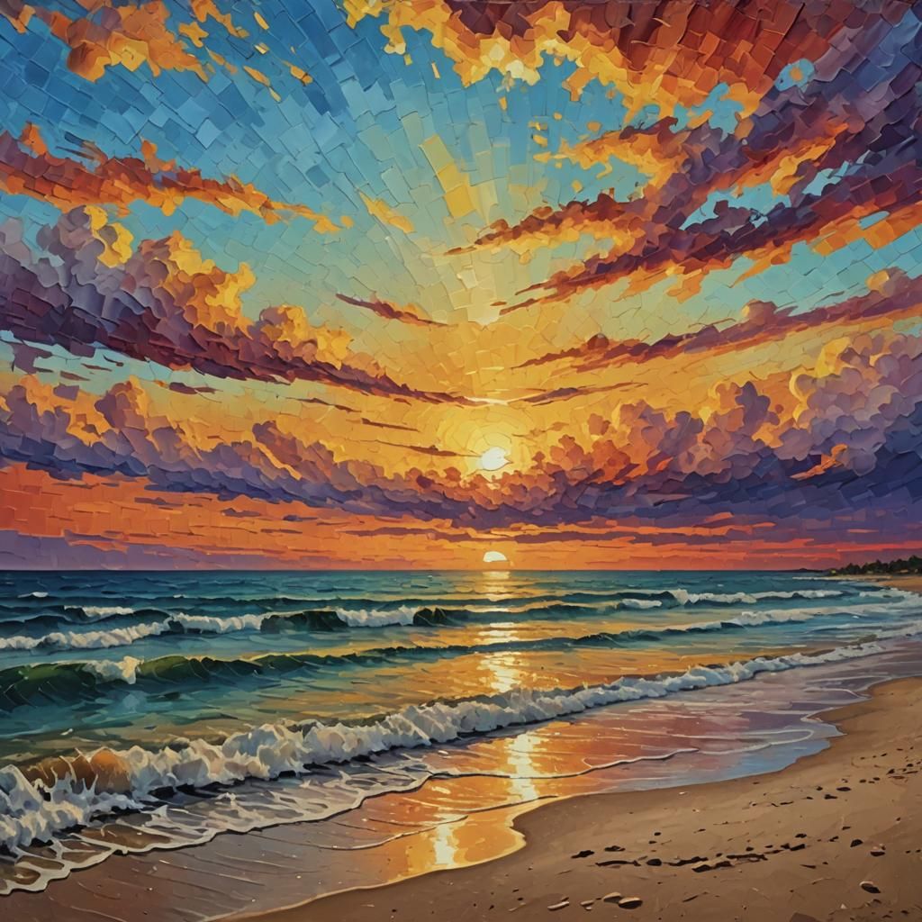 Beach Sunset in Impasto Painting Style