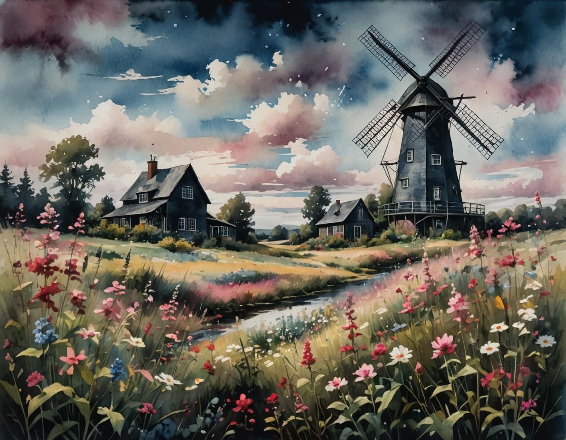 Fantasy Noir Landscape with Windmill as Watercolor