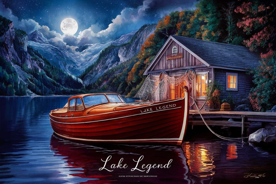 Wooden Boat on Mountain Lake Watercolor Illustration