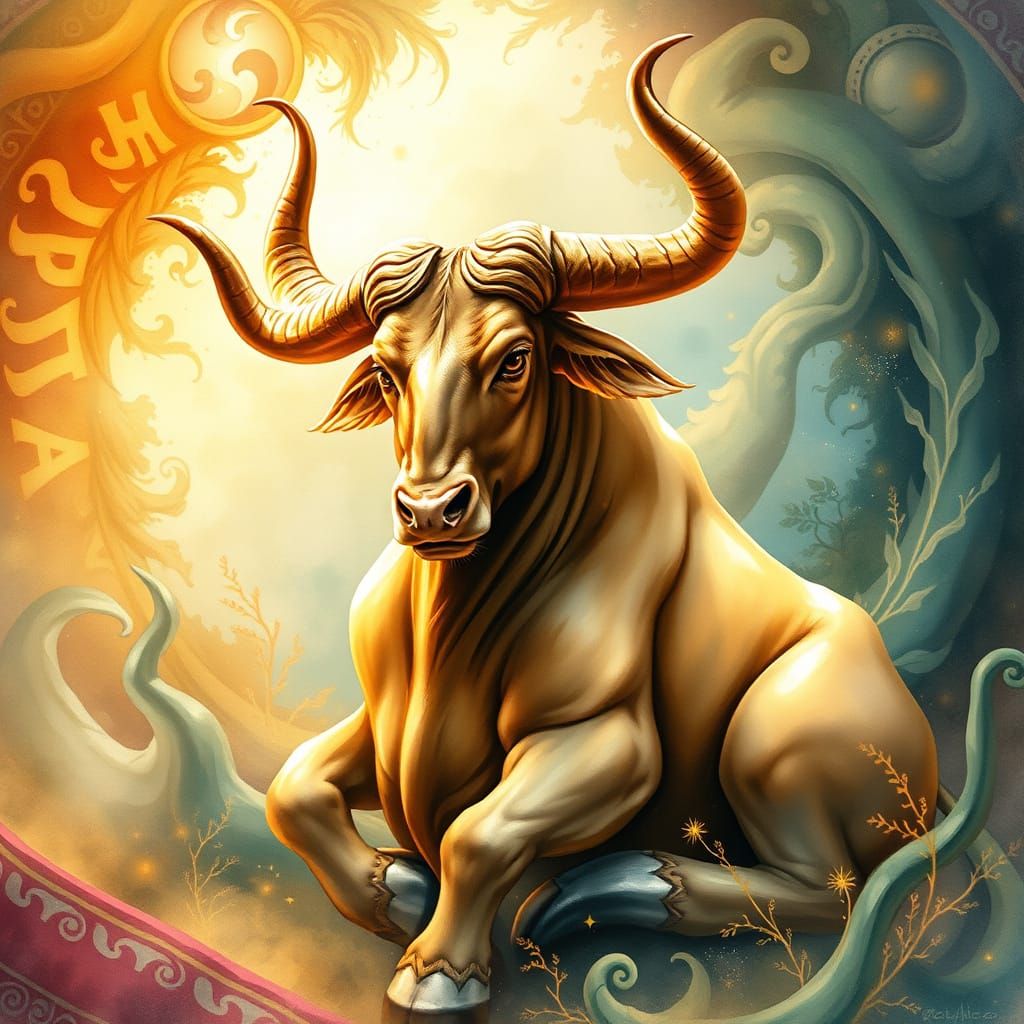 Elegant Taurus Zodiac Bull in Vibrant Mythological Landscape