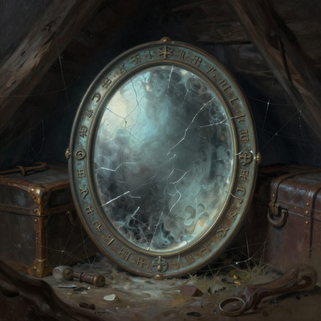 Ancient Cracked Mirror Emits Eerie Blue Glow in Dark Attic